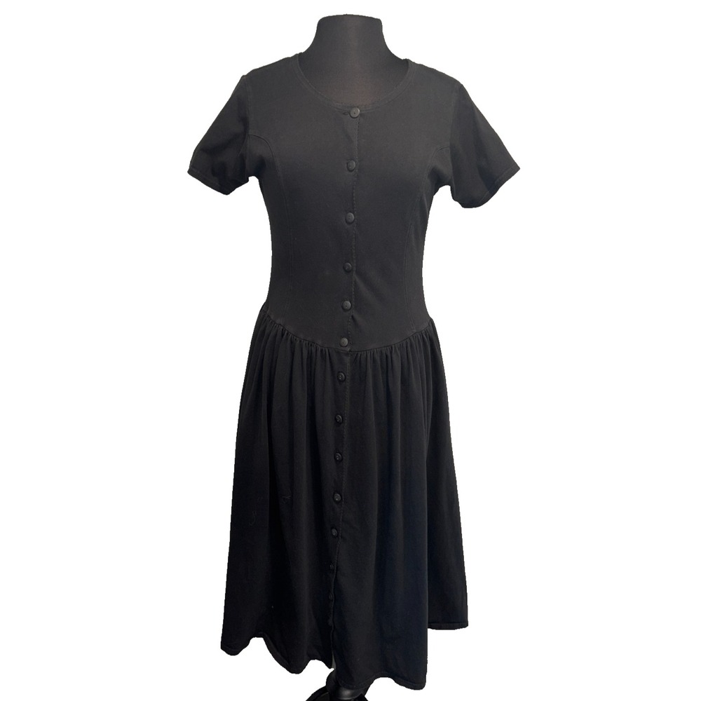 Liz & Co Black T Shirt Knit Button Front Drop Waist Maxi Dress Pockets S/M